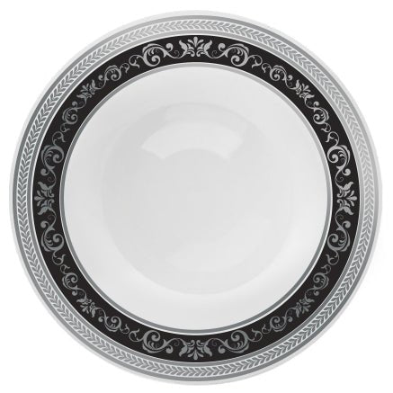 Black and Silver Round Plastic Plates - Royal Plate Pro Linens