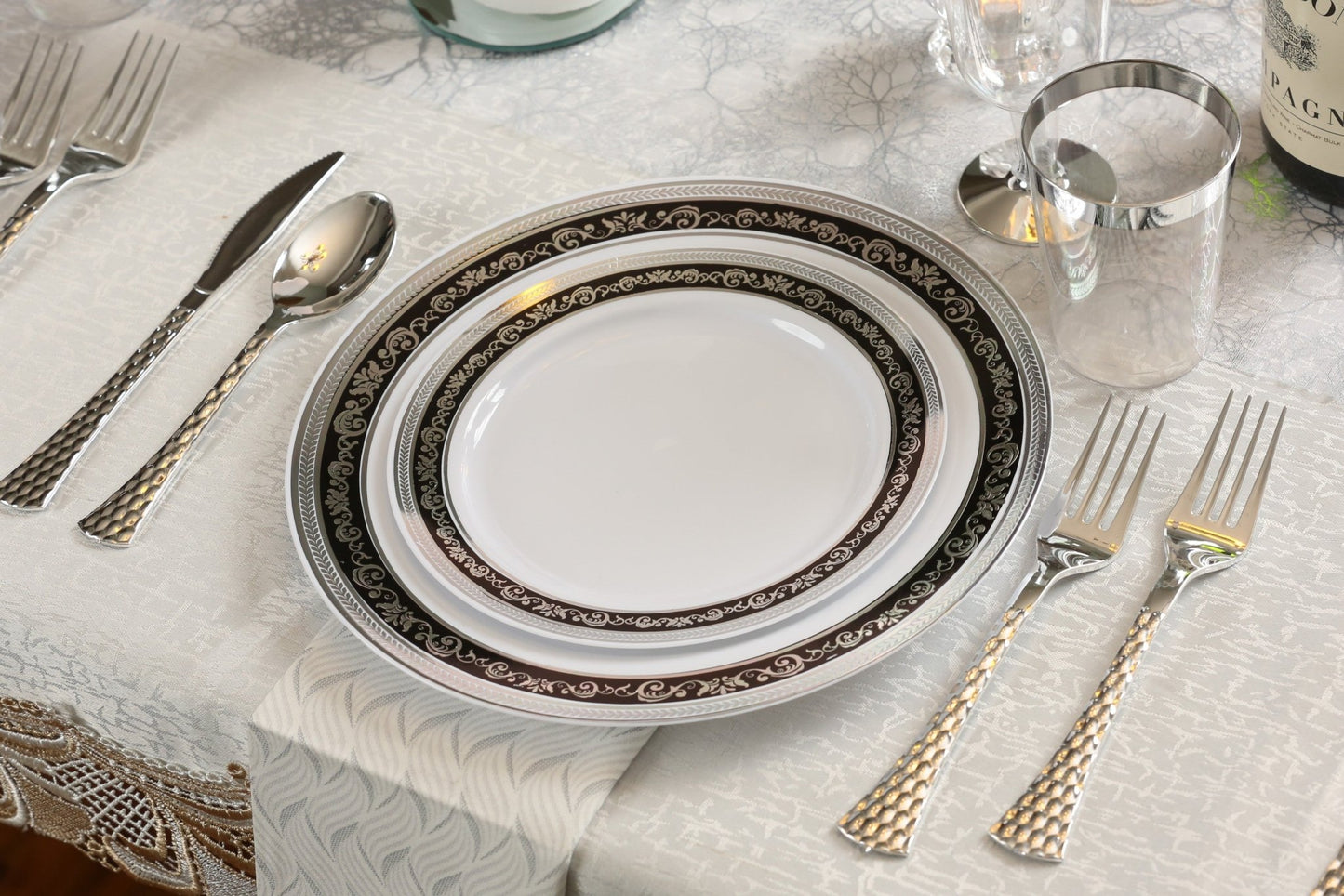 Black and Silver Round Plastic Plates - Royal Plate Pro Linens