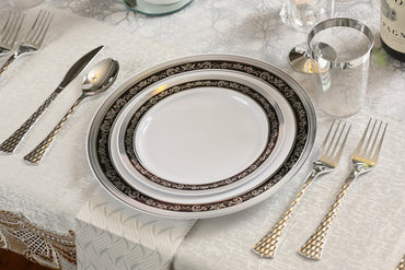 Black and Silver Round Plastic Plates - Royal - Pro Linens