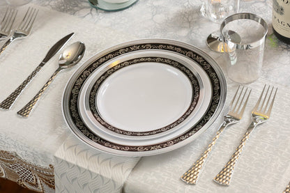 Black and Silver Round Plastic Plates - Royal Plate Pro Linens