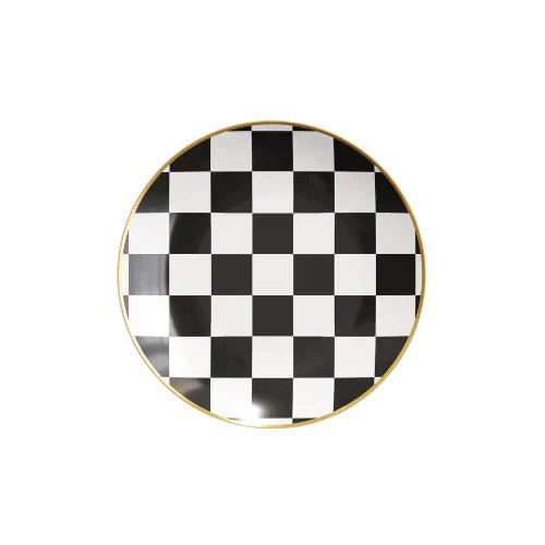 Black and White Round Plastic Plates - Checkerboard Plate Pro Linens