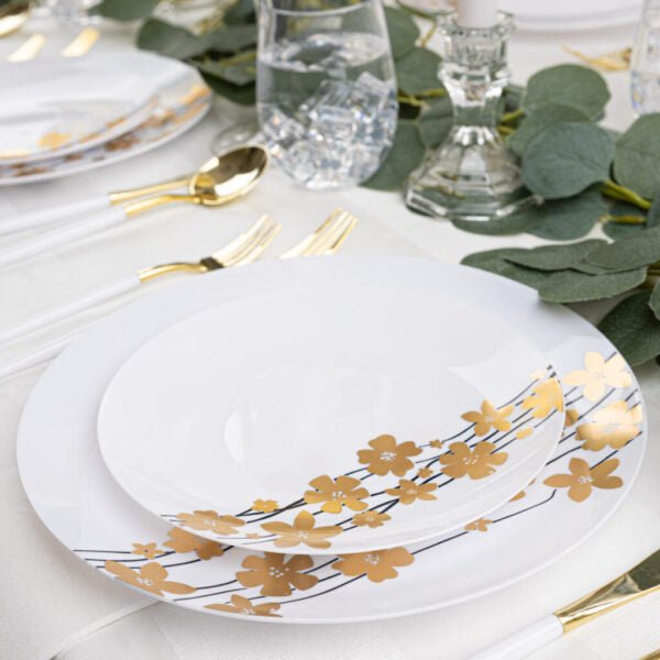 Black/Gold Round Plastic Plates - Vine Plate Pro Linens