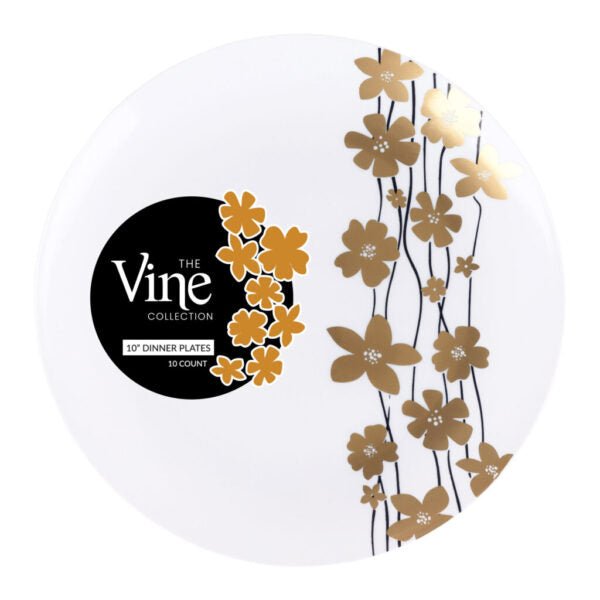 Black/Gold Round Plastic Plates - Vine - Pro Linens