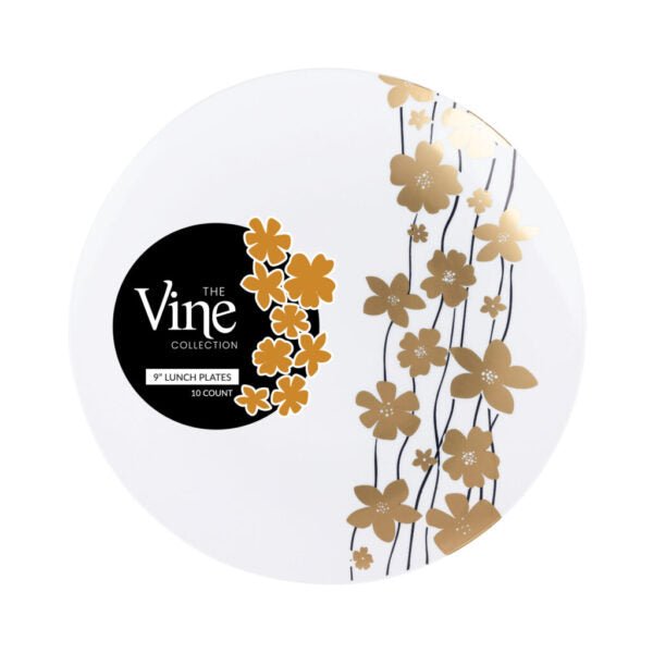 Black/Gold Round Plastic Plates - Vine Plate Pro Linens