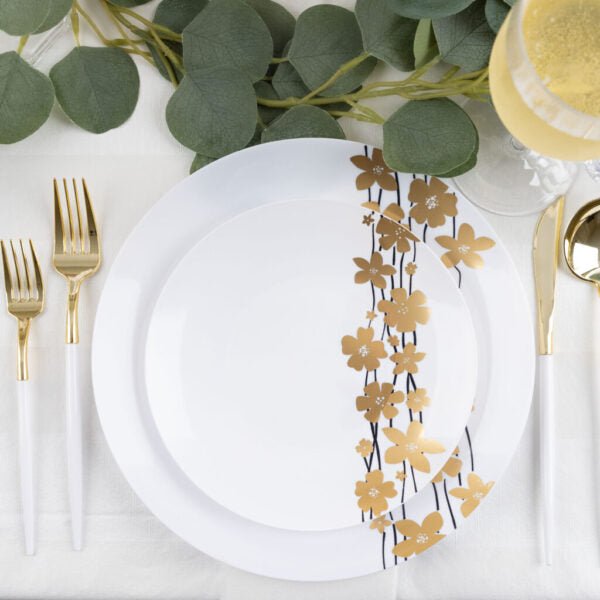 Black/Gold Round Plastic Plates - Vine Plate Pro Linens