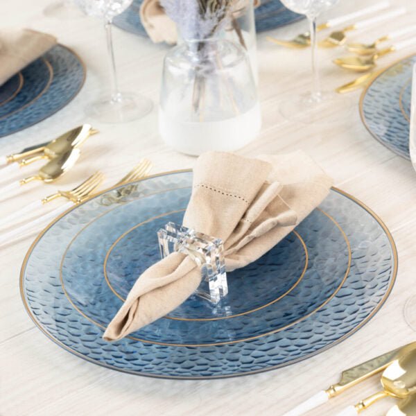 Blue and Gold Round Hammered Plastic Plates - Organic Hammered Plate Pro Linens