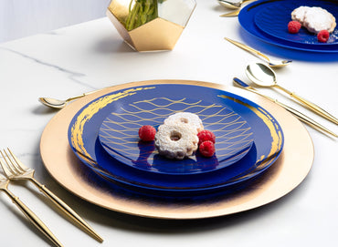 Blue and Gold Round Plastic Plates 10 Pack - Whisk - Pro Linens