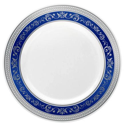 Blue and Silver Round Plastic 7.25 Inch Appetizer Plates (20 Pack) - Royal - Pro Linens