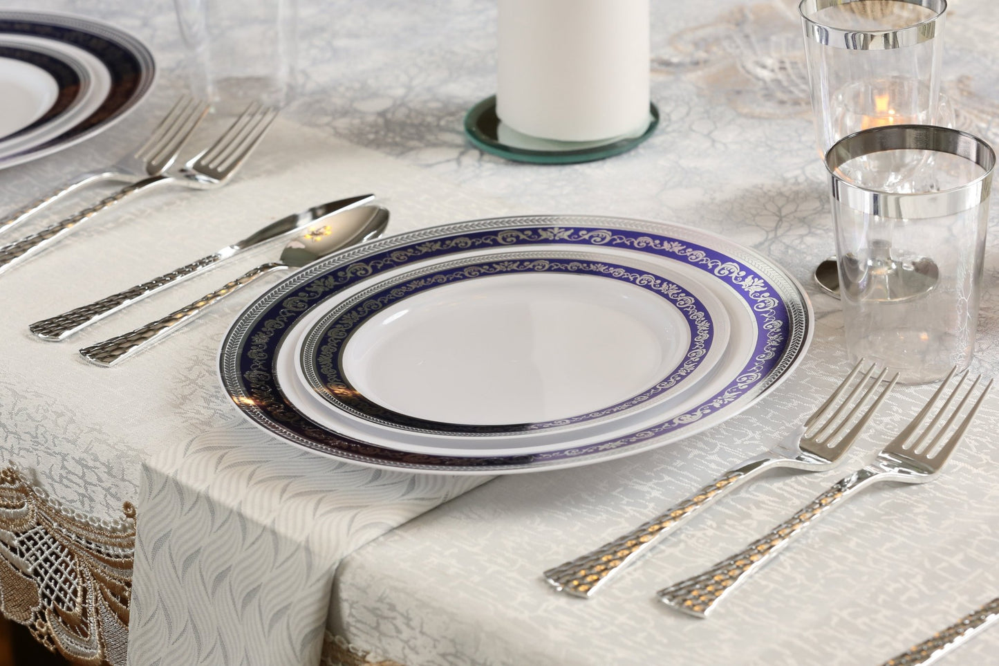 Blue and Silver Round Plastic Plates - Royal Plate Pro Linens