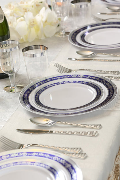 Blue and Silver Round Plastic Plates - Royal Plate Pro Linens