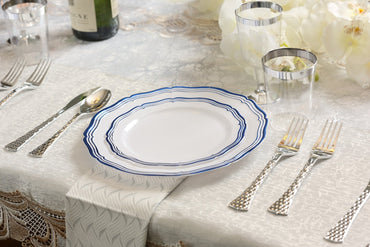 Blue and White Round Plastic Plates 10 Pack - Aristocrat - Pro Linens