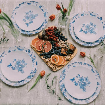 Blue and White Round Plastic Plates - Botanical - Pro Linens