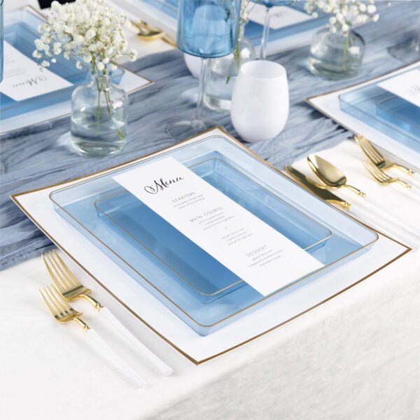 Blue Transparent and Gold Rim Square Plastic Plates - Square Edge Plate Pro Linens