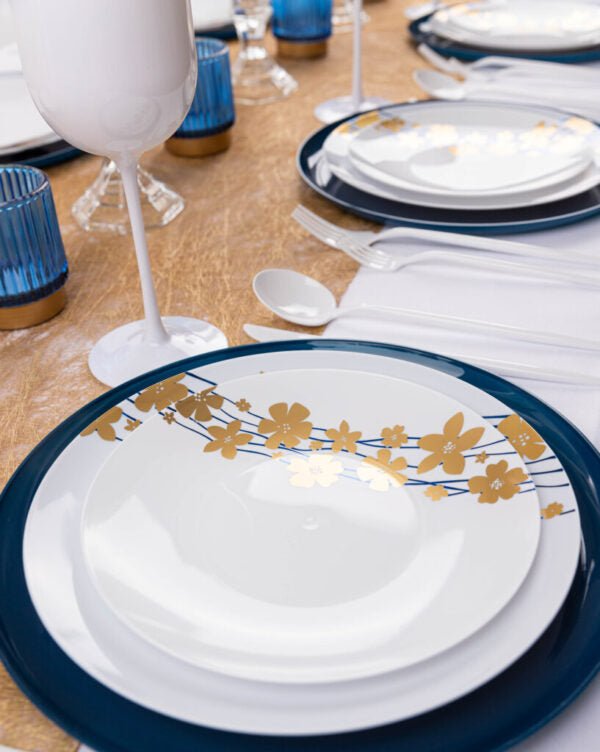 Blue/Gold Round Plastic Plates - Vine Plate Pro Linens