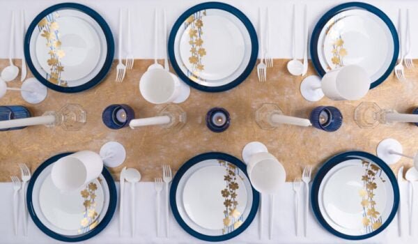 Blue/Gold Round Plastic Plates - Vine Plate Pro Linens