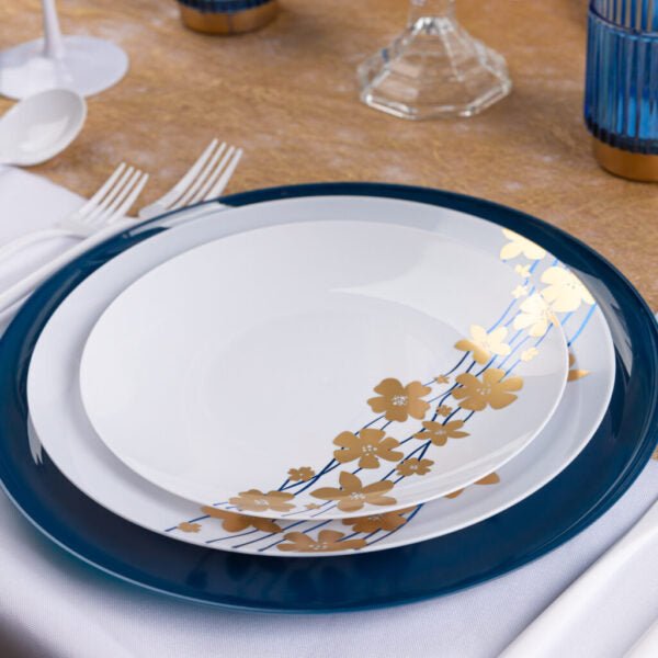 Blue/Gold Round Plastic Plates - Vine Plate Pro Linens