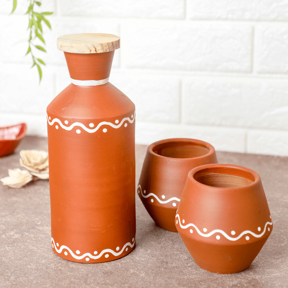 Clay Water Bottle with 2 Glasses Terracotta PRO Indian