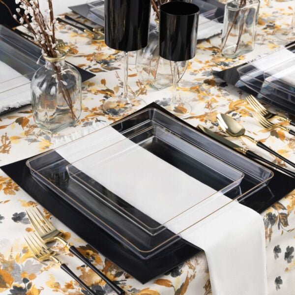 Clear and Gold Rim Square Plastic Plates - Square Edge Plate Pro Linens