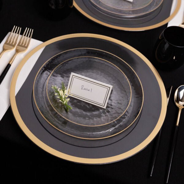 Clear and Gold Round Hammered Plastic Plates - Organic Hammered Plate Pro Linens