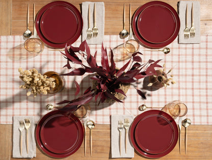 Cranberry and Gold Round Plastic Plates - Edge Plate Pro Linens