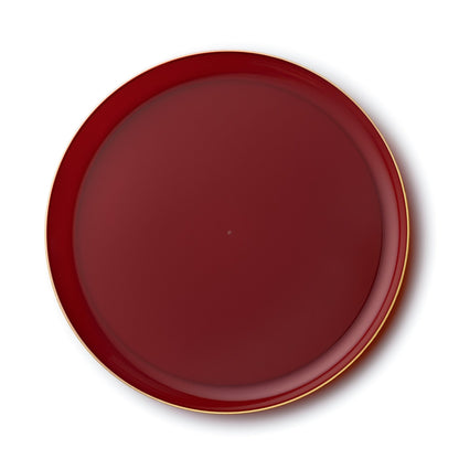 Cranberry and Gold Round Plastic Plates - Edge Plate Pro Linens