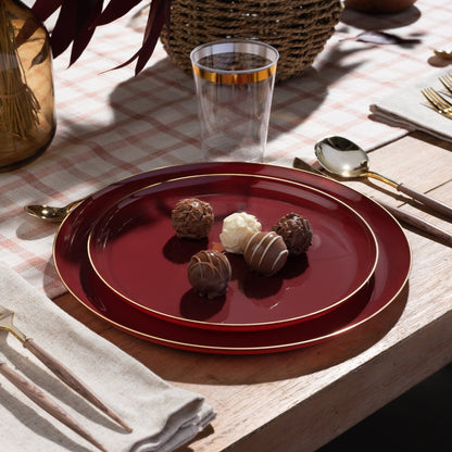 Cranberry and Gold Round Plastic Plates - Edge Plate Pro Linens