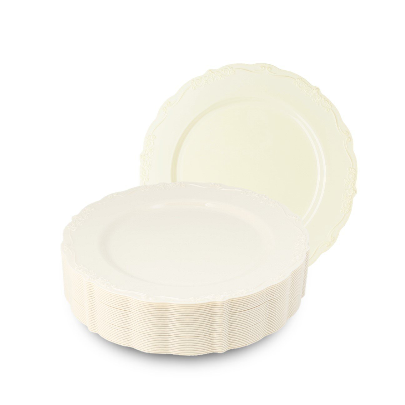 Cream Round Plastic Dinner Plates - Vintage Plate Pro Linens