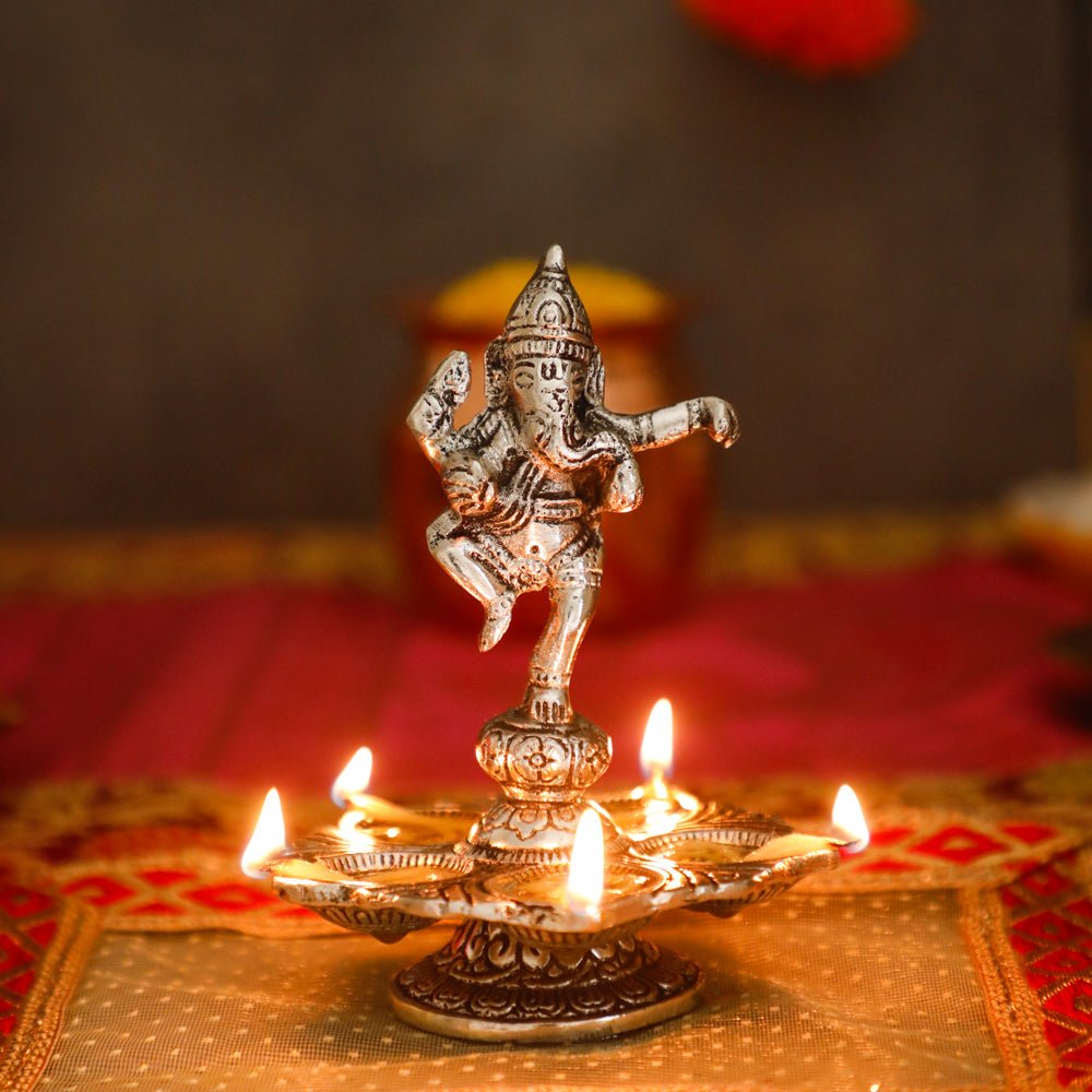 Dancing Ganesha Decorative Diya White metal PRO Indian