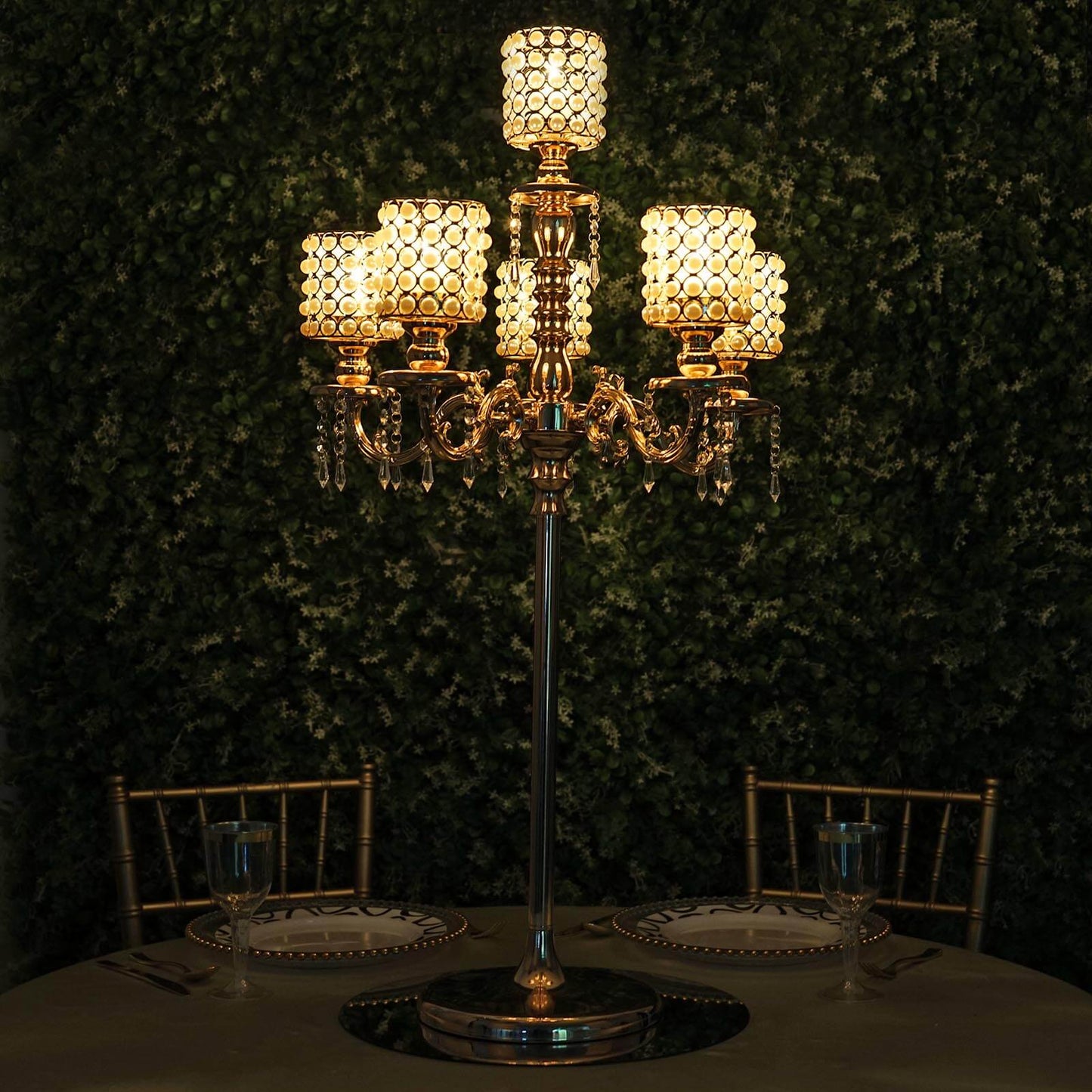 DIY Adjustable Gold Pearl Beaded Table Floor Candelabra Centerpiece, Metal With Crystal Chandelier Pendants Pro Linens