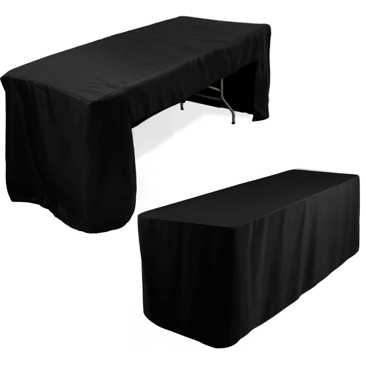 Fitted Polyester 96"x30" Rectangle Tablecloth Black with Open Back Design - Easy to Maintain and Wrinkle - Resistant Table Cover for Trade Shows & Displays - Pro Linens