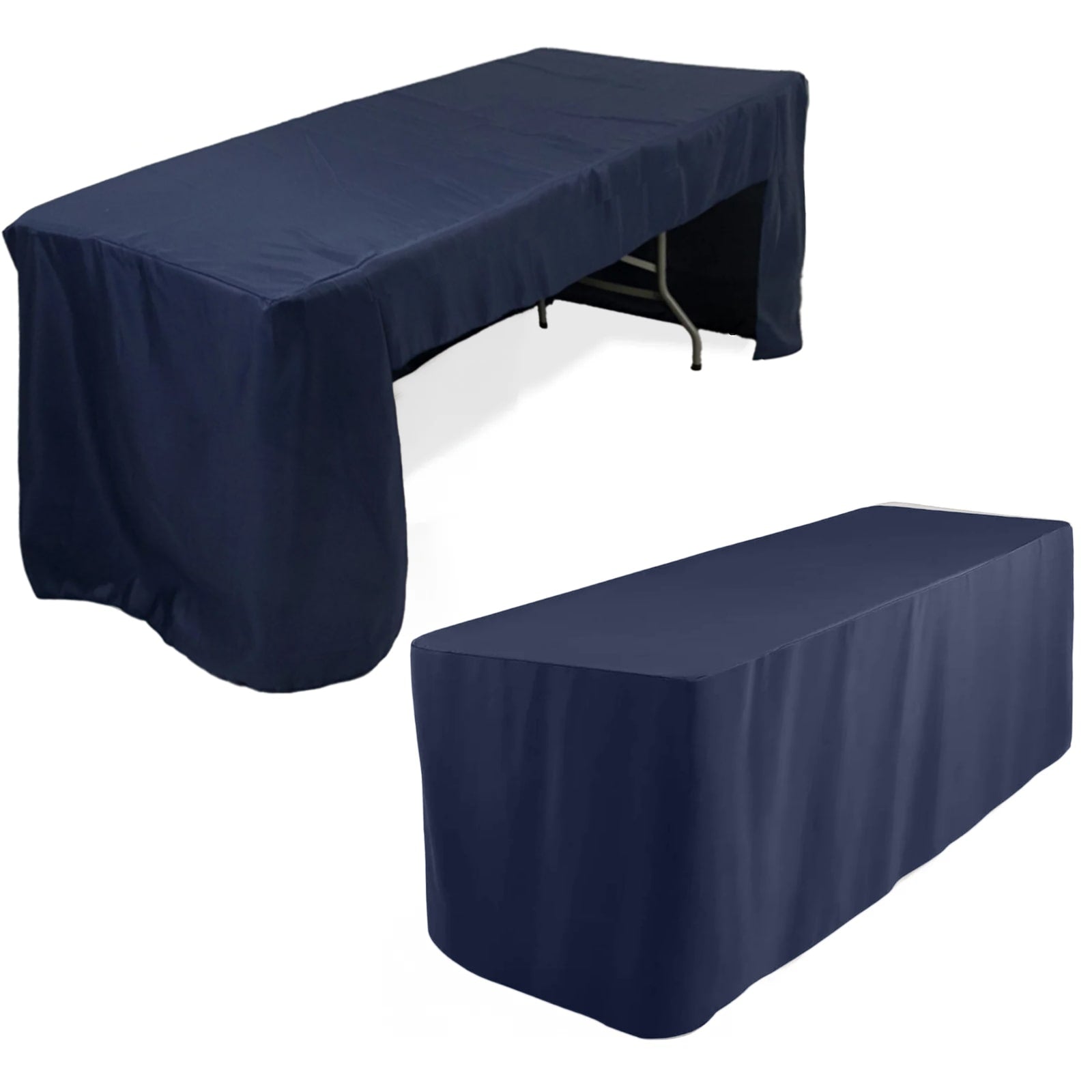 Fitted Polyester 96"x30" Rectangle Tablecloth Navy Blue with Open Back Design - Easy to Maintain and Wrinkle - Resistant Table Cover for Trade Shows & Displays - Pro Linens