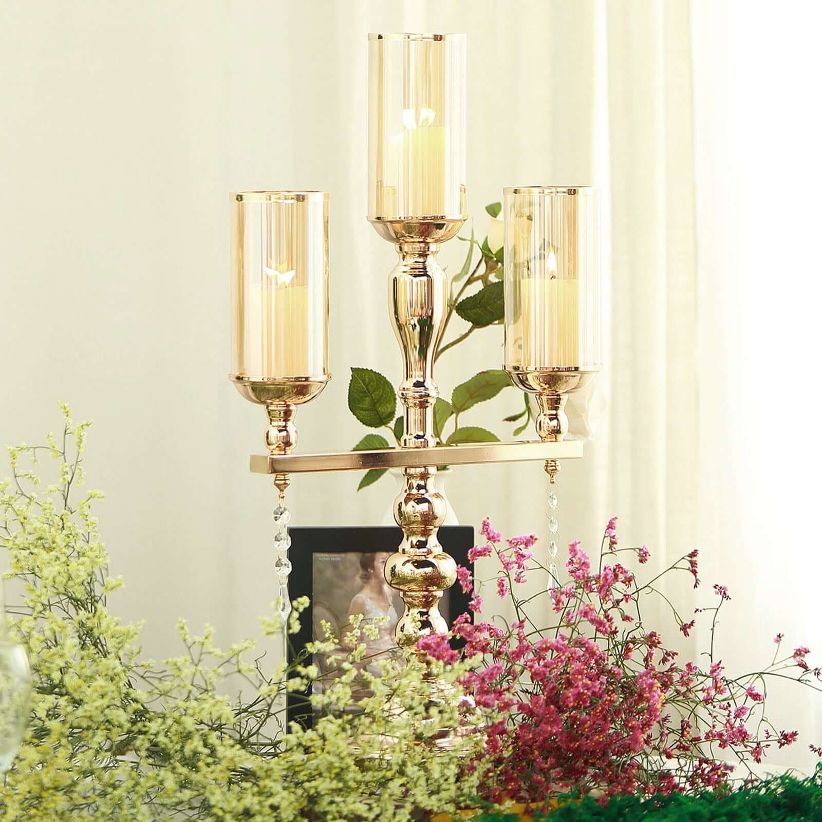 Gold Metal 3 Arm Candelabra with Amber Glass Shade, Hurricane Glass Pillar Candle Holders Pro Linens