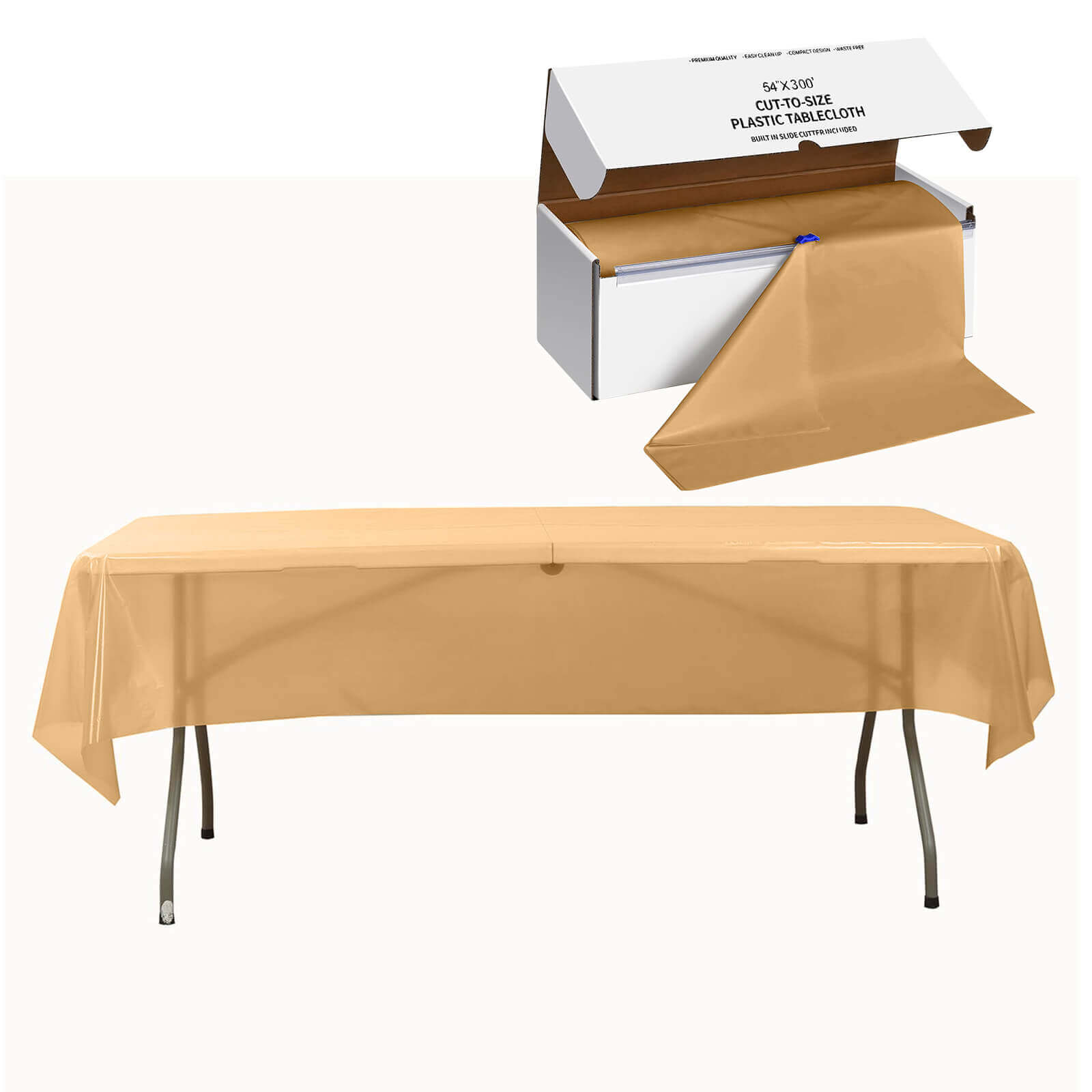 Gold Plastic Tablecloth Roll in A Cut - to - Size Box with Slide Cutter, Cuts Up to 36 Rectangle 8 Feet Disposable Table Covers - 54"x300ft - Pro Linens