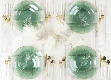 Green and Gold Round Hammered Plastic Plates - Organic Hammered Plate Pro Linens