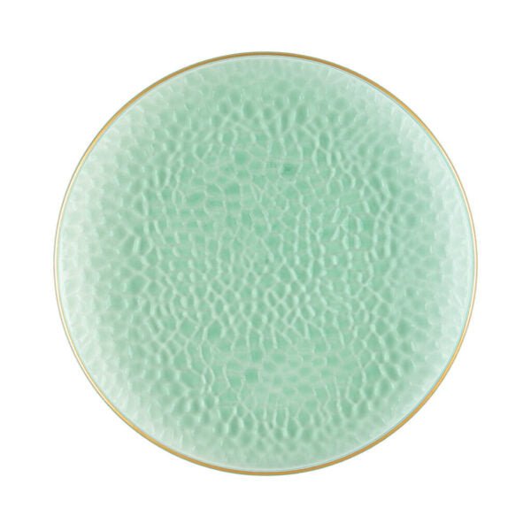 Green and Gold Round Hammered Plastic Plates - Organic Hammered Plate Pro Linens