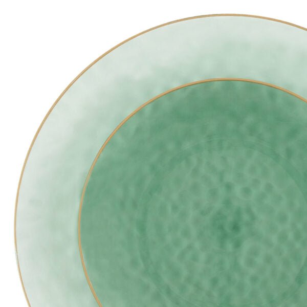 Green and Gold Round Hammered Plastic Plates - Organic Hammered Plate Pro Linens