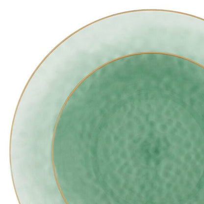 Green and Gold Round Hammered Plastic Plates - Organic Hammered Plate Pro Linens