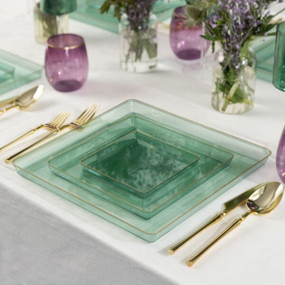 Green Transparent and Gold Rim Square Plastic Plates - Square Edge Plate Pro Linens