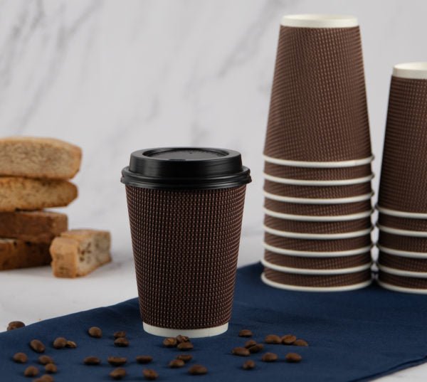 Insulated Ripple Brown Paper Coffee Cups with Lids - Pro Linens