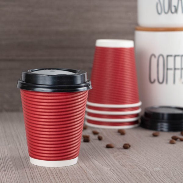 Insulated Ripple Red Paper Coffee Cups with Lids - Pro Linens