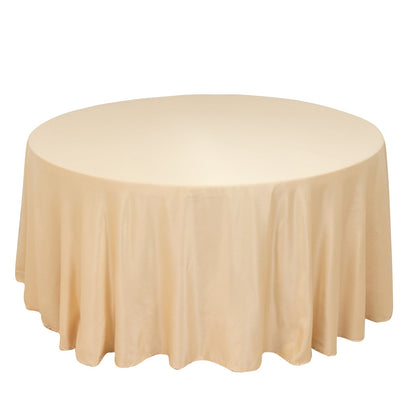 Lamour Satin 120" Round Tablecloth Beige - Seamless Table Cover with Soft Tempered Sheen Pro Linens