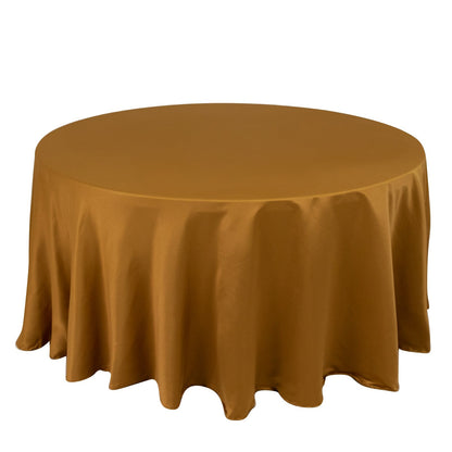 Lamour Satin 120" Round Tablecloth Gold - Seamless Table Cover with Soft Tempered Sheen for Upscale Gatherings Pro Linens