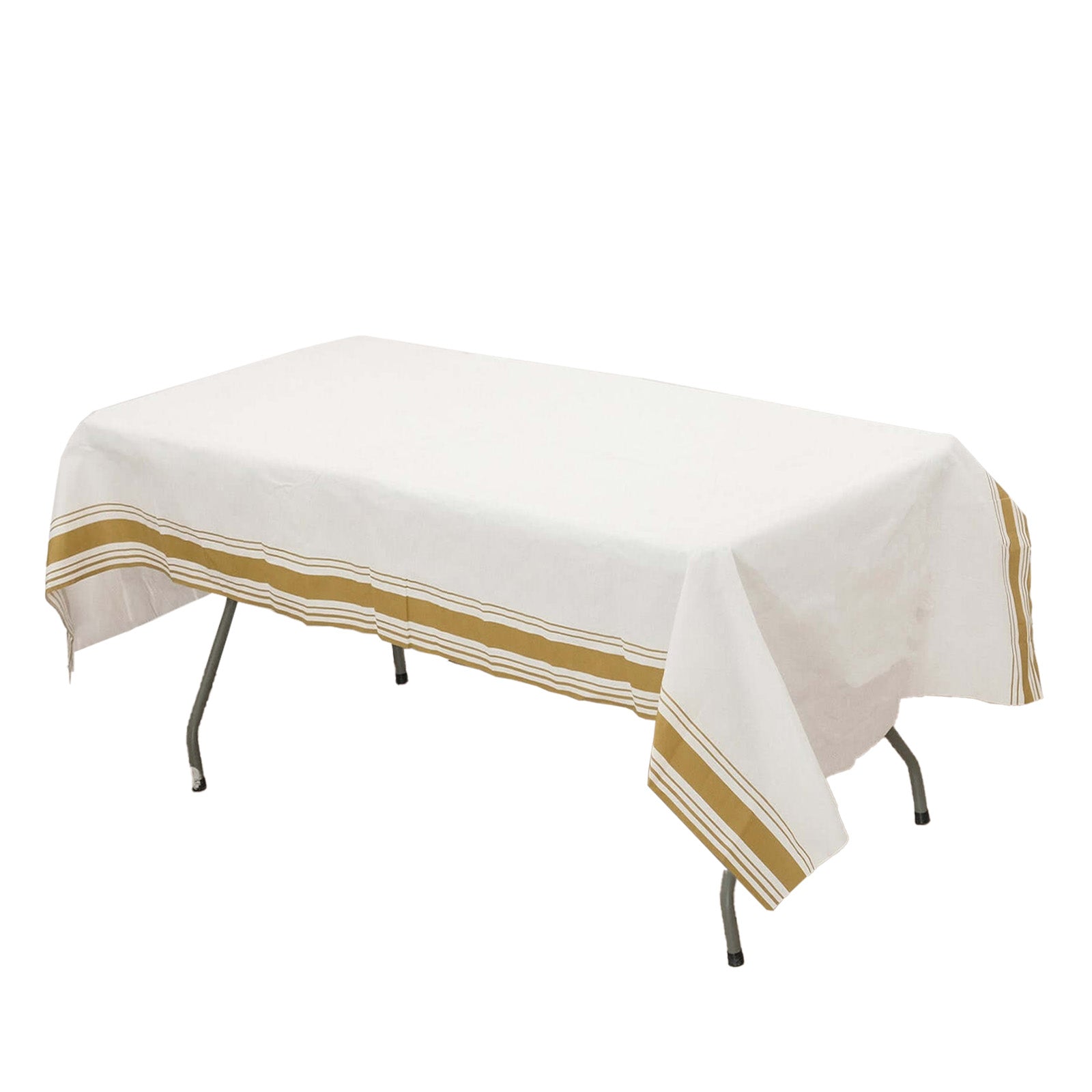 Linen - Like Paper 50"x108" Rectangle Tablecloth White - Disposable Airlaid Table Cover with Gold Striped Border - Pro Linens