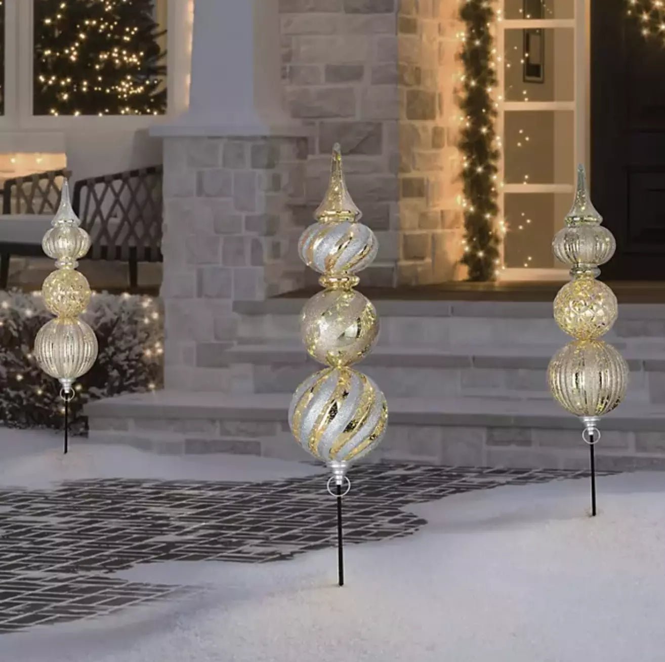 Member's Mark Jumbo Pre - Lit Shatterproof Ornament Stake Lights, Set of 3 Gold - Pro Linens