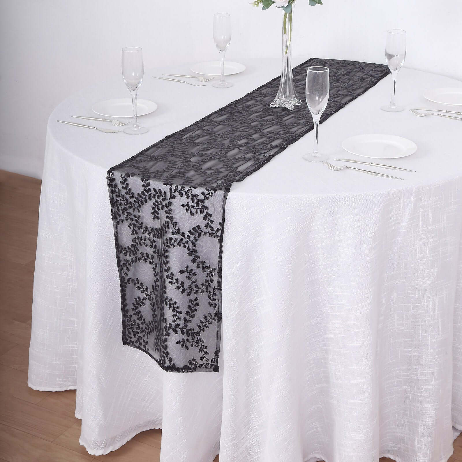 Mesh 12"x108" Table Runner Black - Leaf Vine Embroidery - Pro Linens