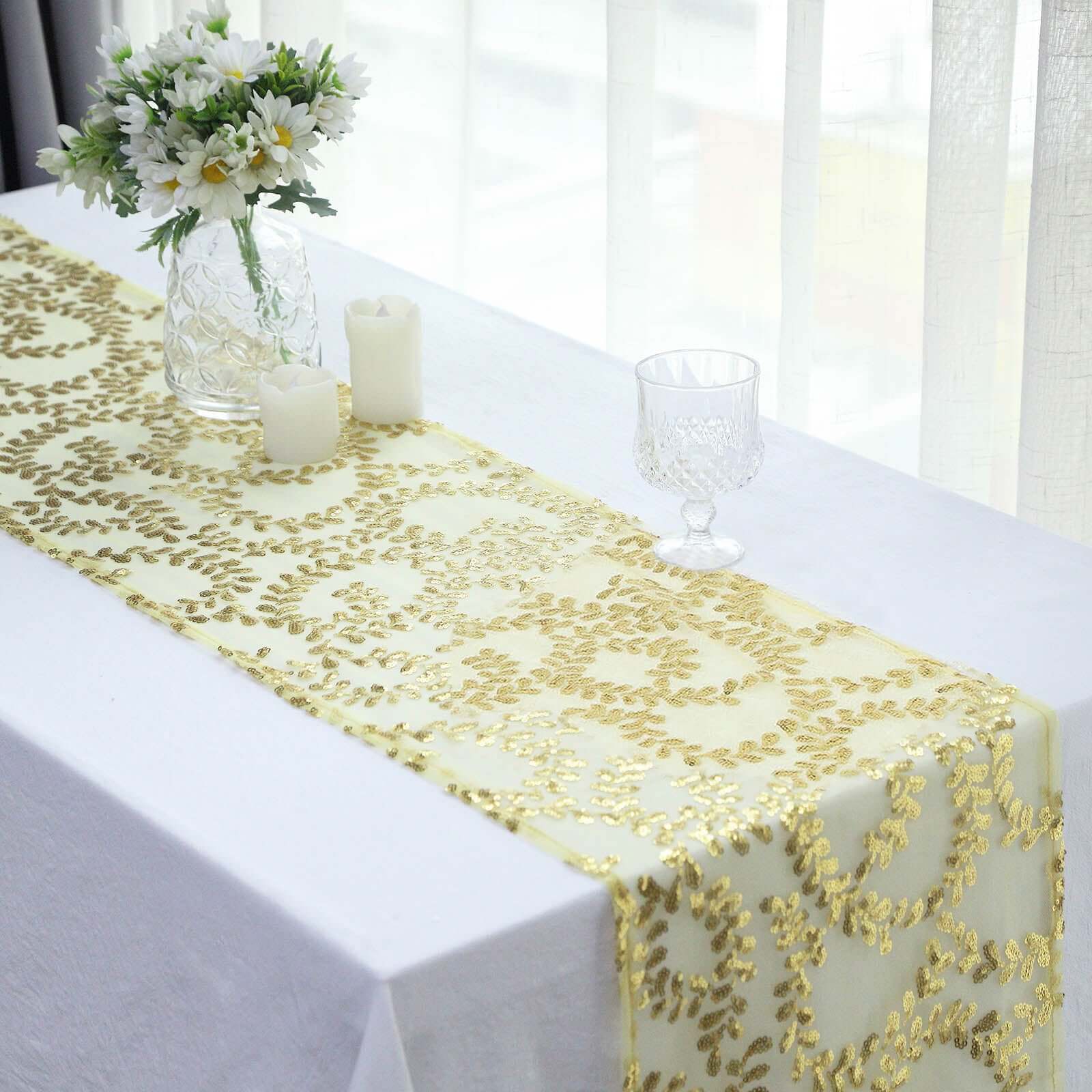 Mesh 12"x108" Table Runner Gold - Leaf Vine Sequin Embroidered Design for Sophisticated Occasion - Pro Linens