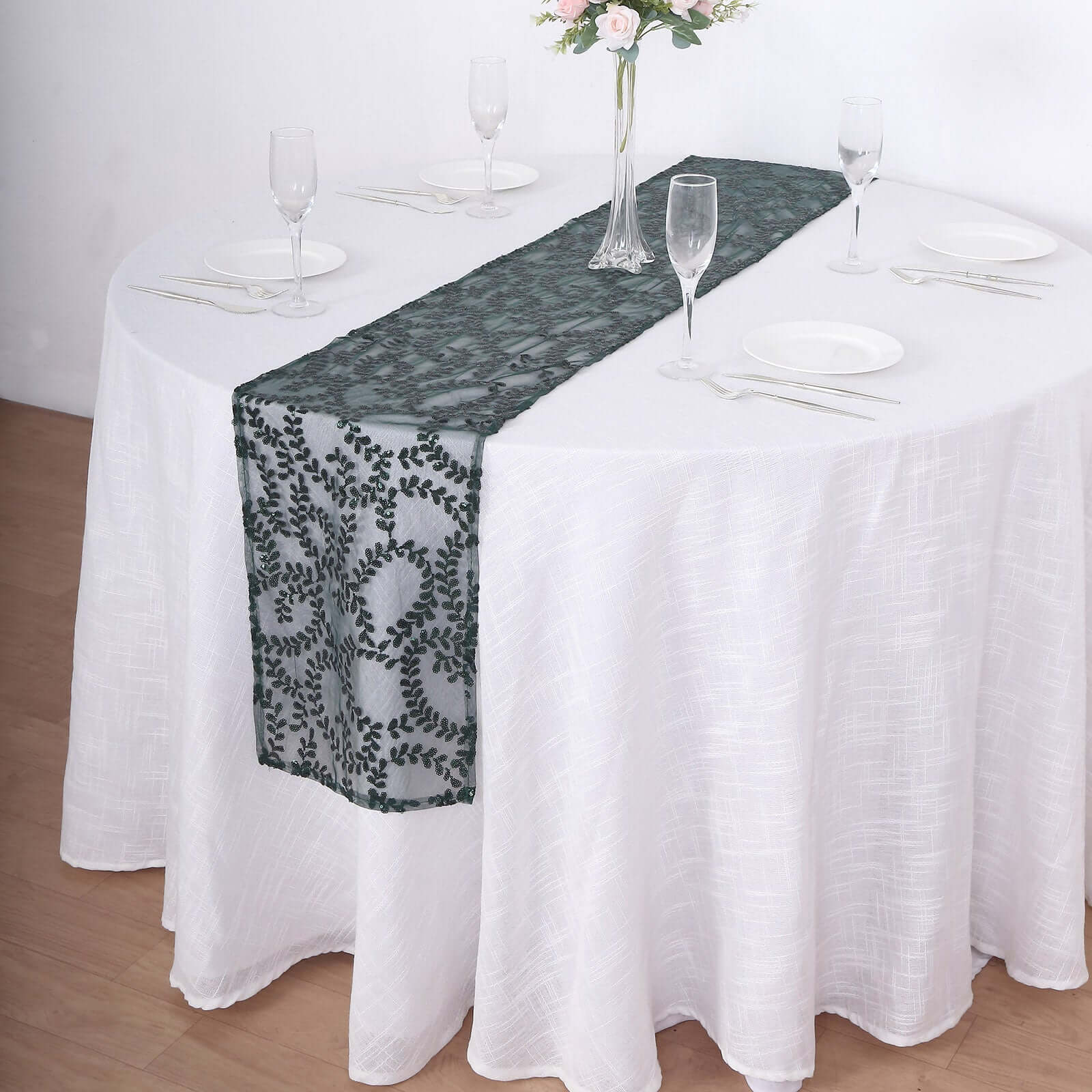 Mesh 12"x108" Table Runner Hunter Emerald Green - Leaf Vine Embroidery - Pro Linens