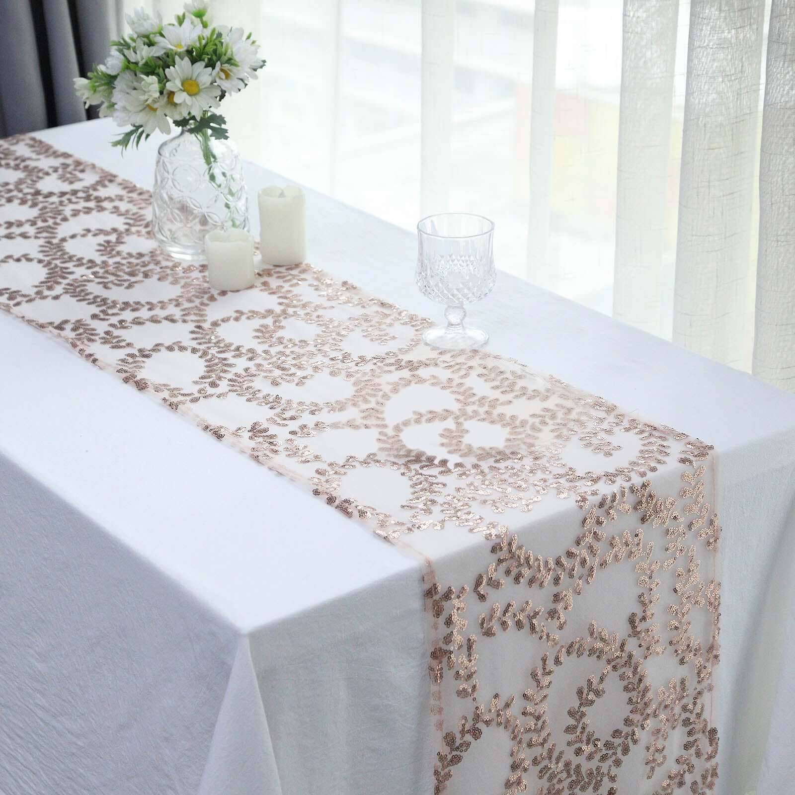 Mesh 12"x108" Table Runner Rose Gold - Leaf Vine Embroidery - Pro Linens