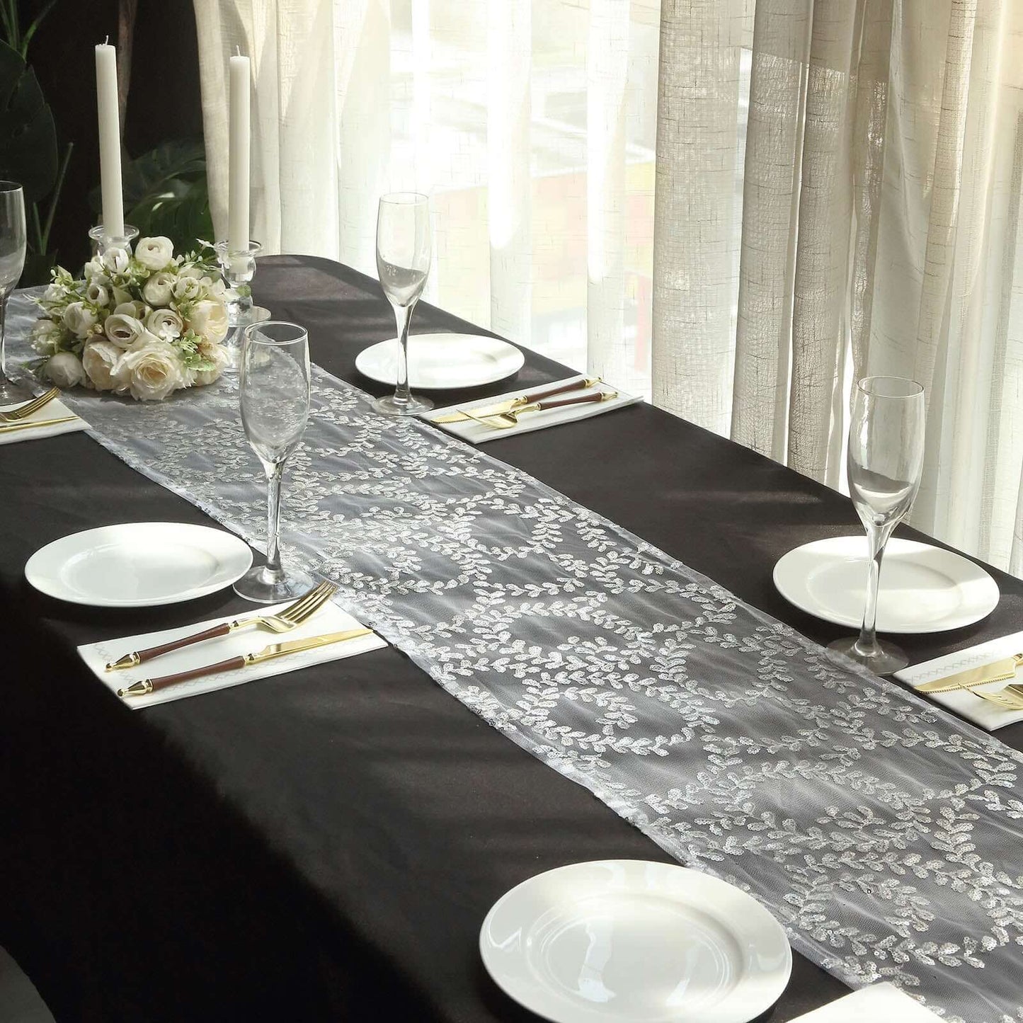 Mesh 12"x108" Table Runner Silver - Leaf Vine Embroidery - Pro Linens