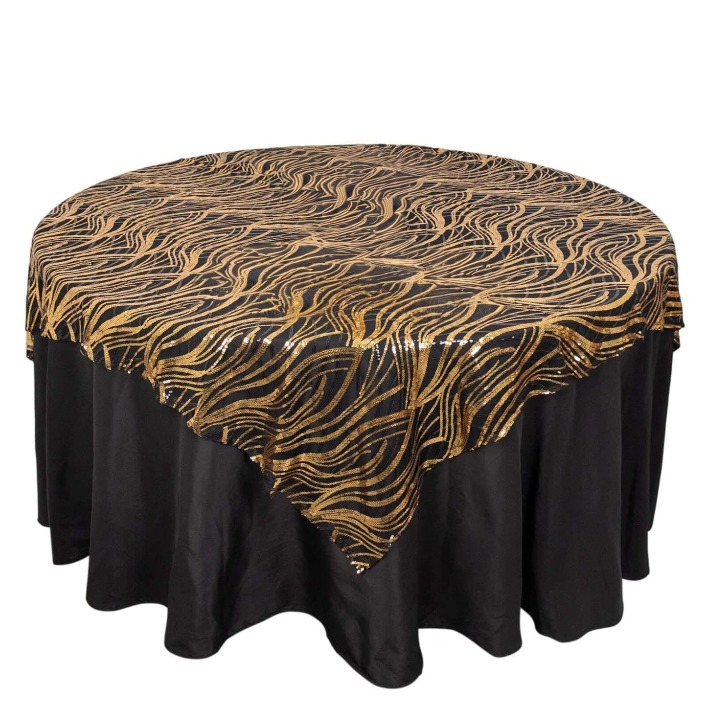 Mesh 72"x72" Table Overlay Square Tablecloth Black Gold - Wave Embroidered Sequins Table Topper Pro Linens